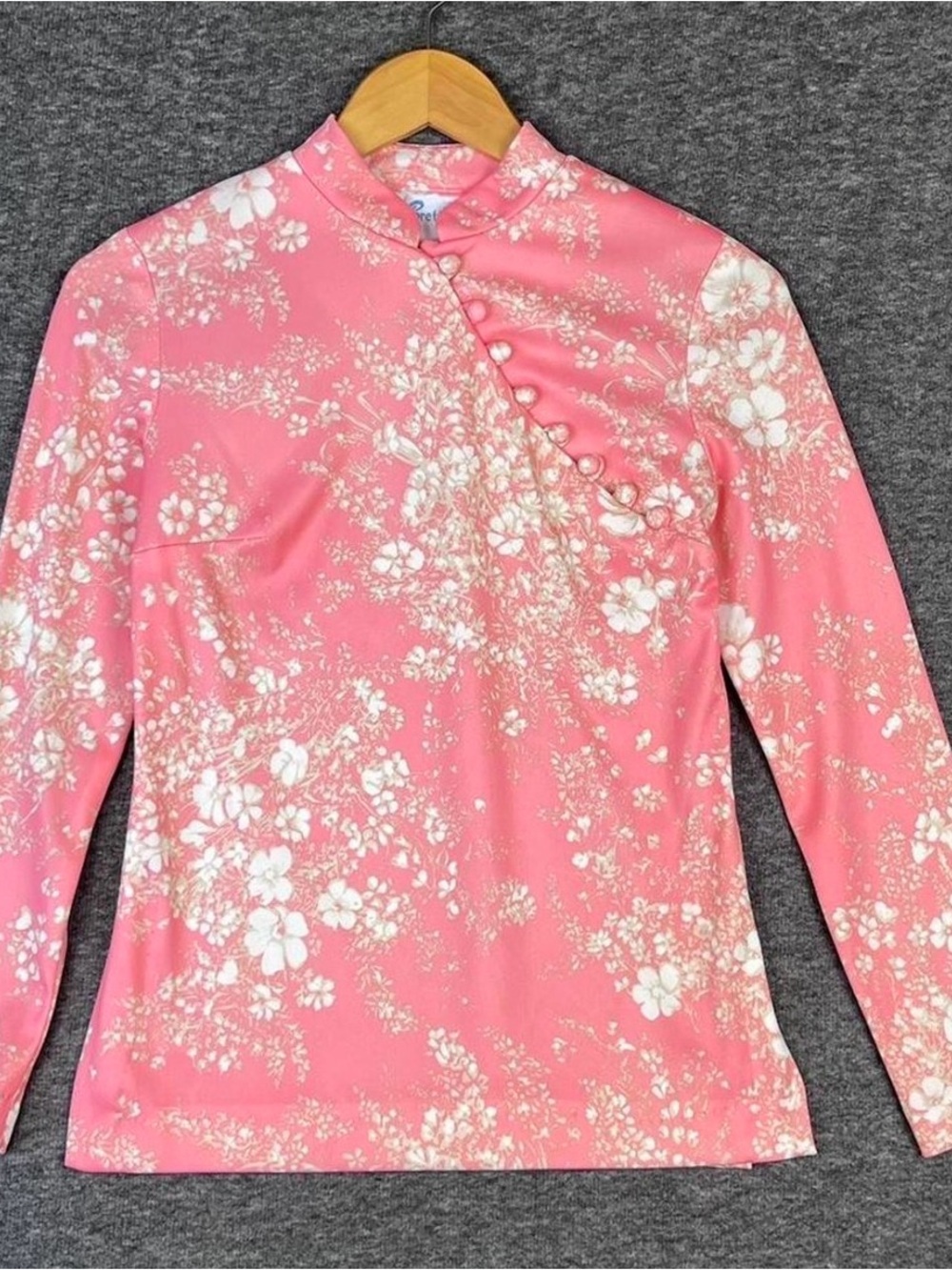 Pink Floral Mandarin Collar Long-Sleeve Top